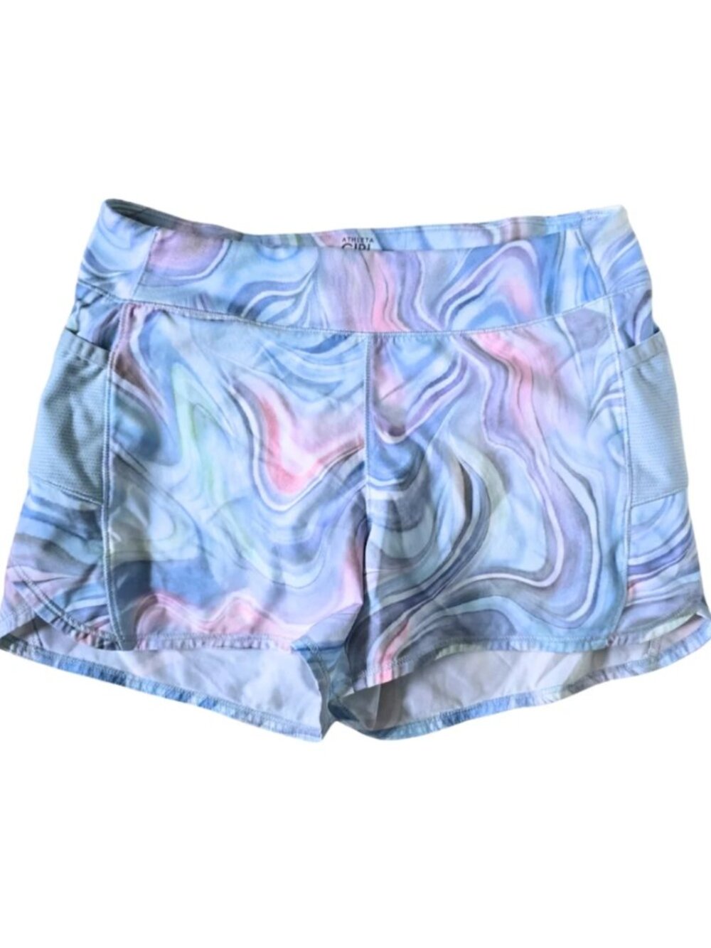 ATHLETA GIRL Marbled Print Athletic Shorts Blue Pink Purple Size Large/12 Girls